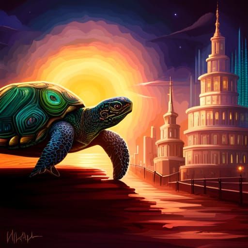 A large giant turtle with human face features walking to a lady turtle . Midsummer night's dream hyperdetailed intricate...