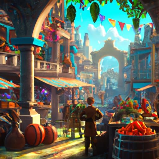 Vibrant Fantasy City Market in Detailed Matte Painting