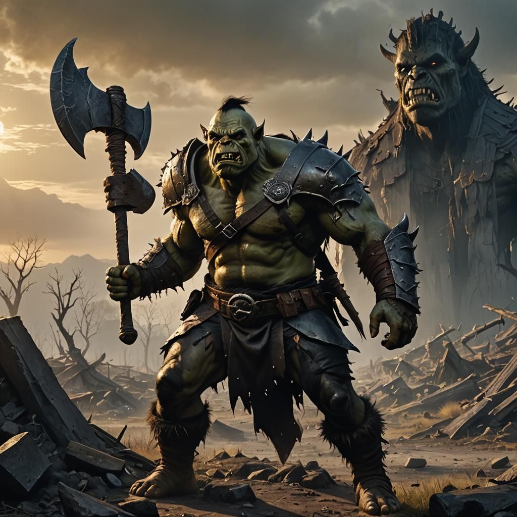 Ominous Orc Warrior on Battlefield in Dark Fantasy Style