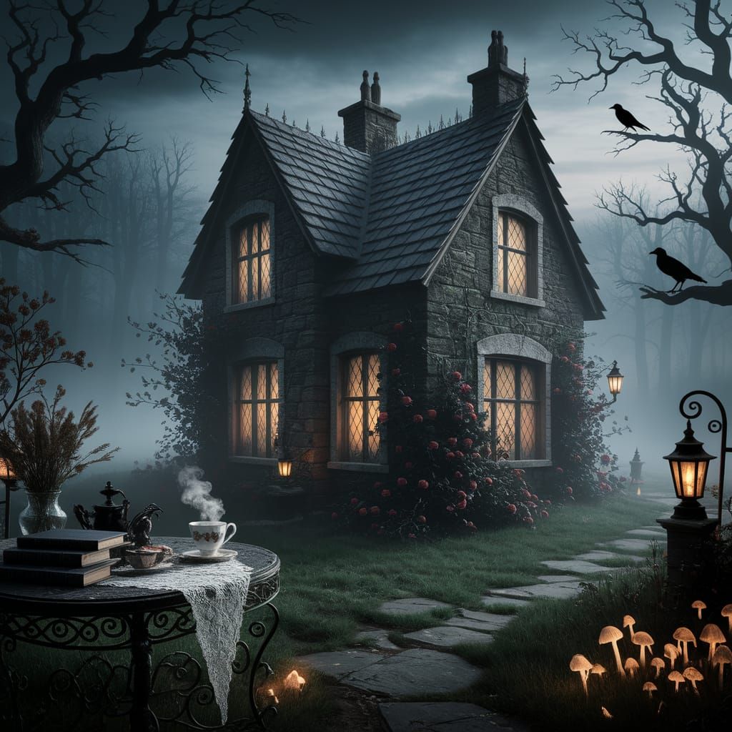 Ethereal Gothic Cottage in Misty Forest Clearing