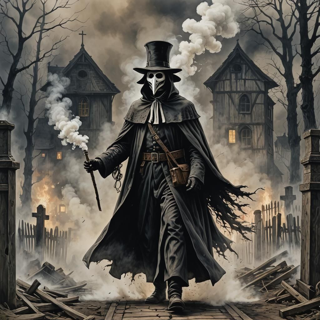 Plague doctor :: walking a canister and wood cane , raven flying :: (streaks of white smoke coming and around:3), chapel...