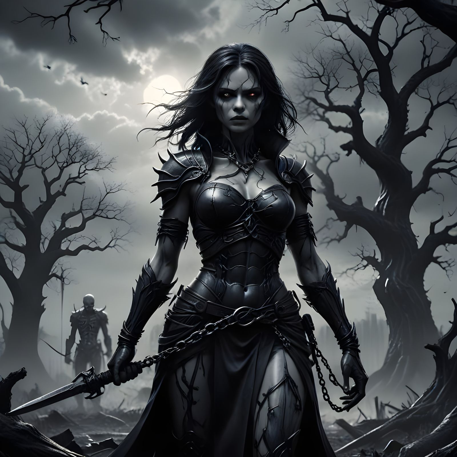 Female Vampire Warrior Battles Werewolf in Dark Fantasy Sket...
