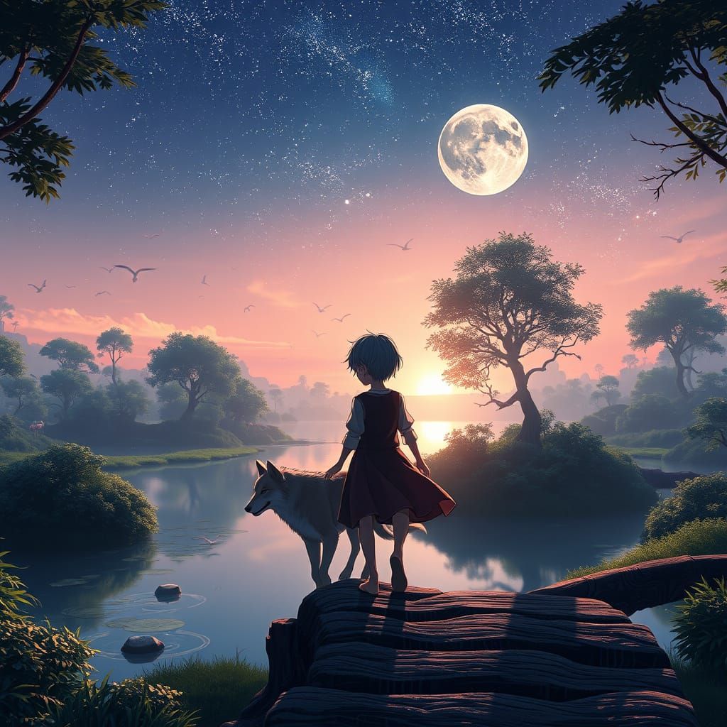 Children and Wolf in a Suspended Forest at Dusk