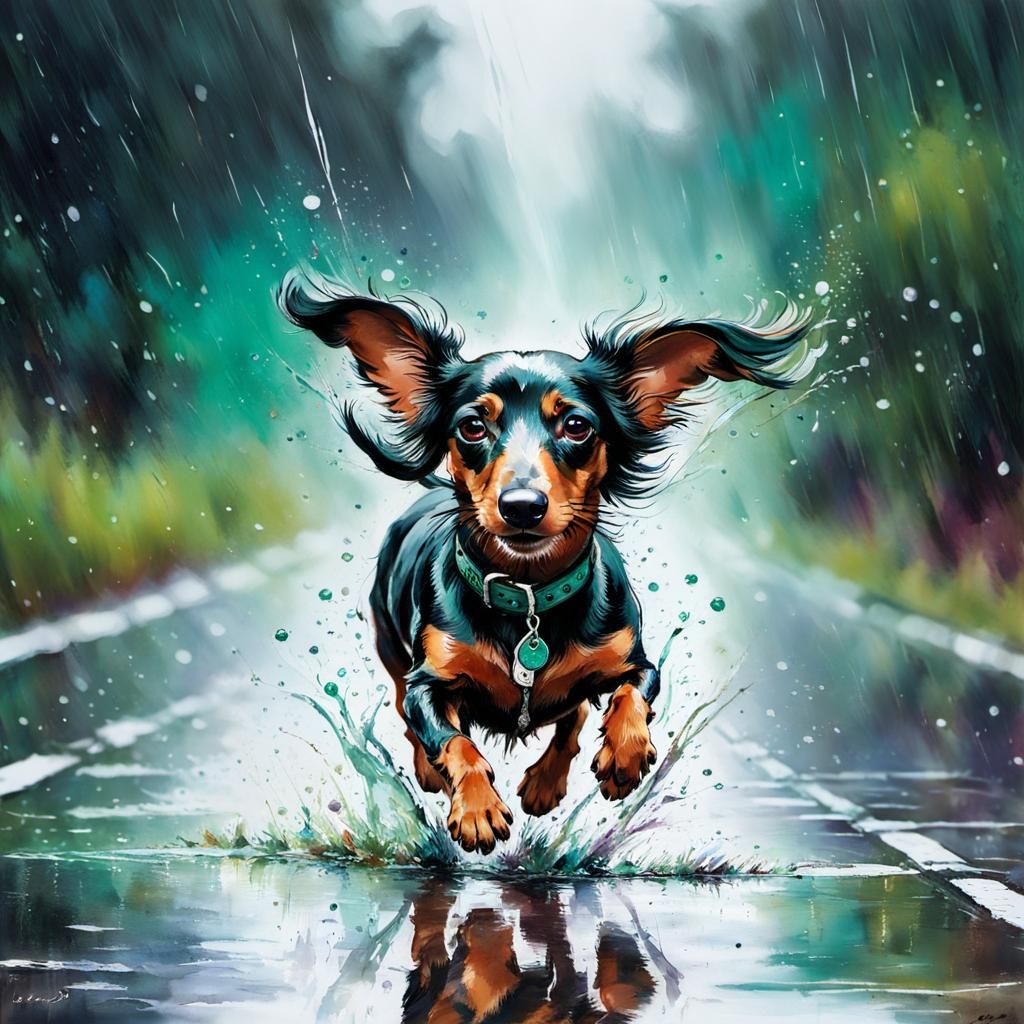 Dachshund Running in Rain: Impressionist Style Painting
