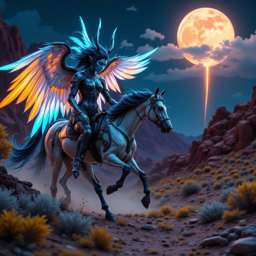Cyberpunk Goddess Gallops Under Moonlit Nevada Skies