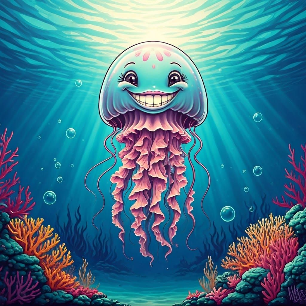 Playful Jellyfish with Mischievous Grin in Street Art Style
