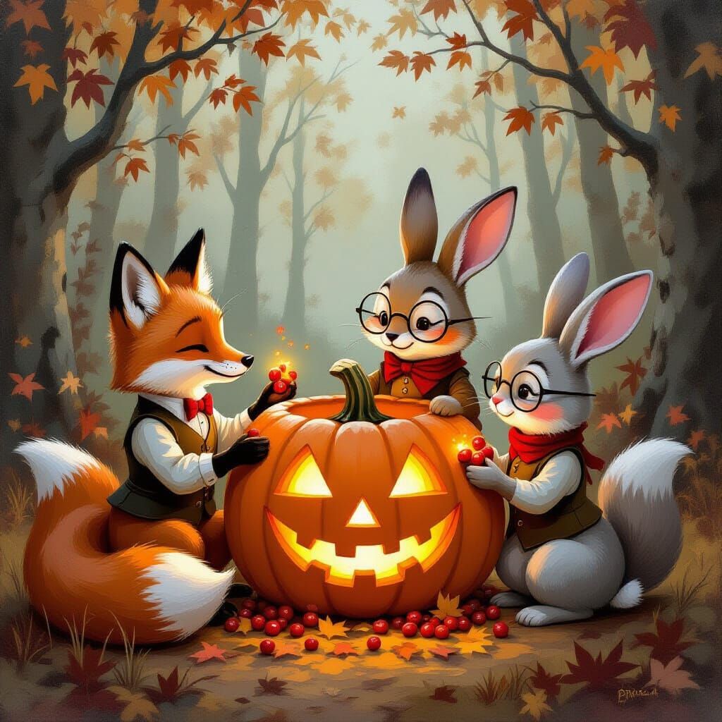 Woodland Creatures Share Glowing Berries by Giant Jack-o'-la...