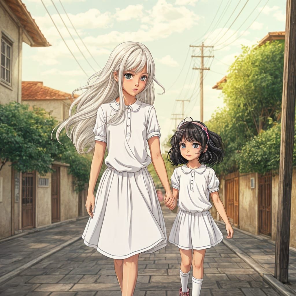 Anime-Inspired Scene of Two Young Girls Walking Hand in Hand...