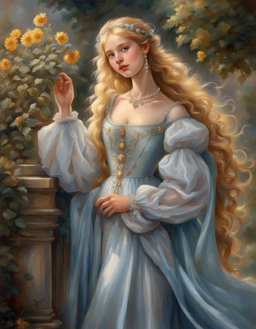Renaissance Girl with Golden Hair in Garden