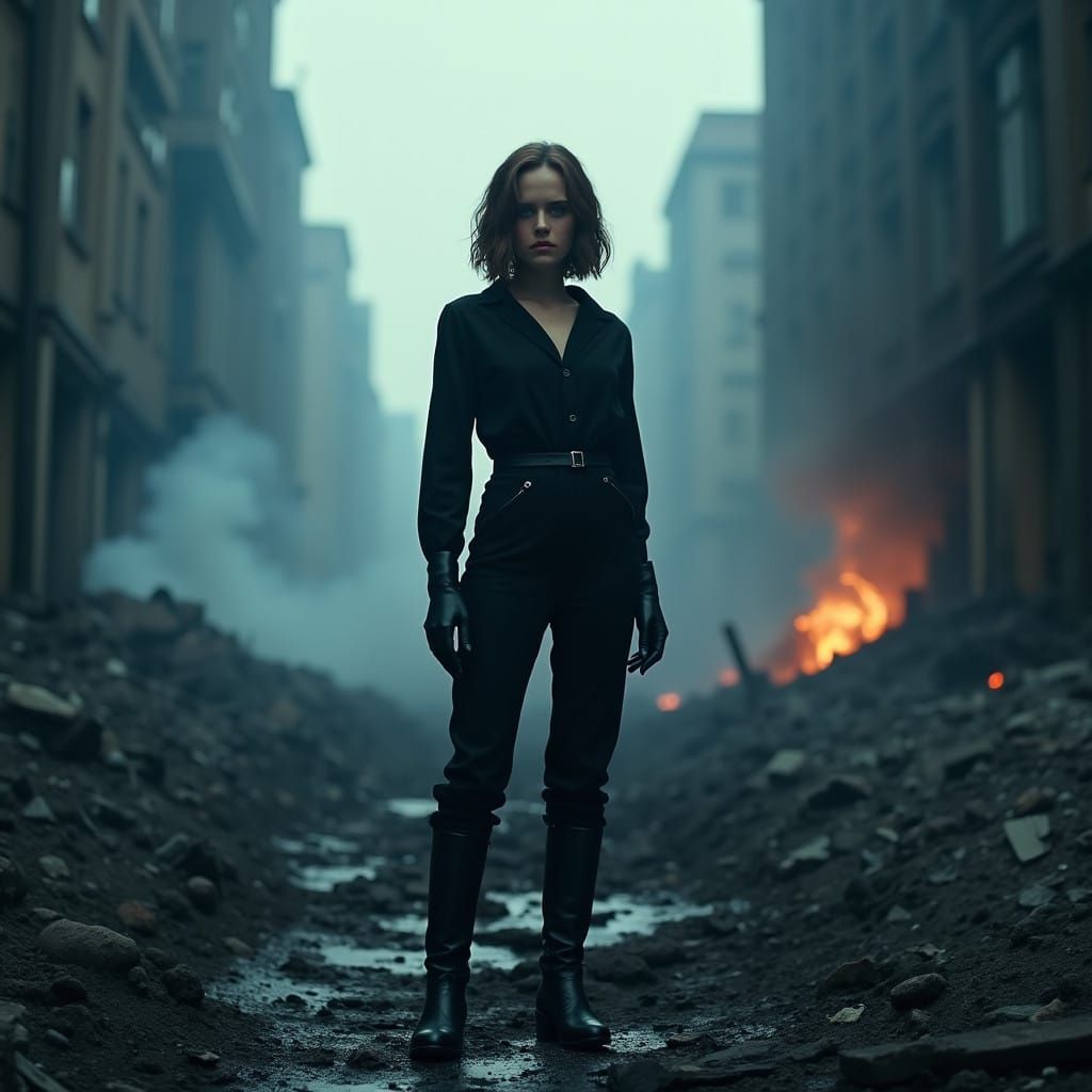 Cyberpunk Female Assassin Rises from Smoldering City Ruins