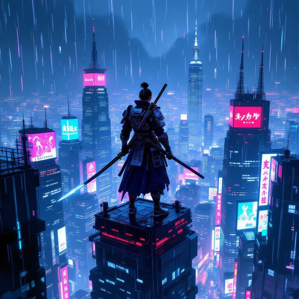 Cyberpunk Samurai Overlooking Neon Metropolis