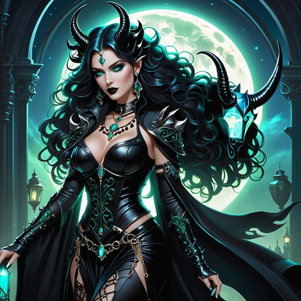 Beautiful Necromancer Woman in Ethereal Night Scene