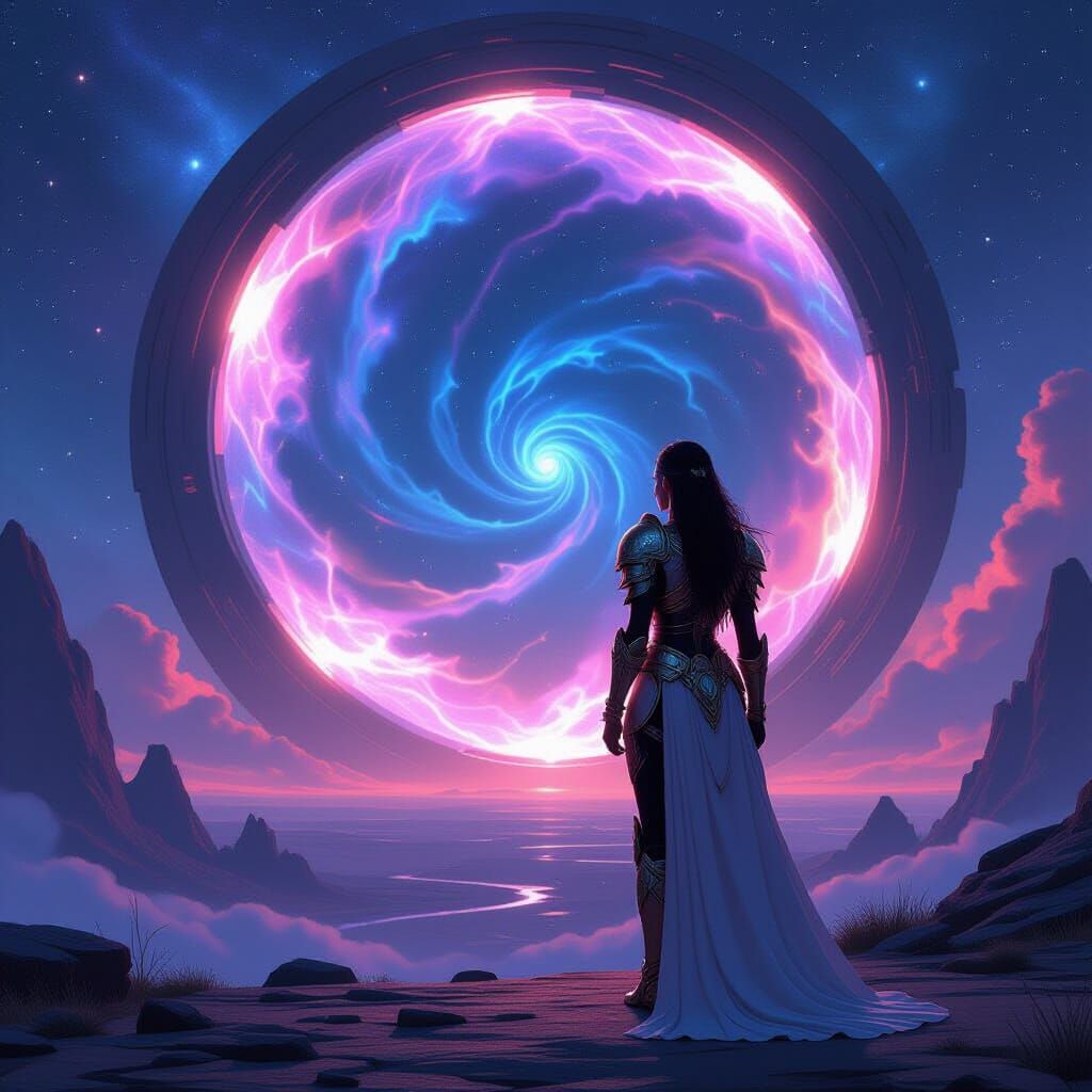 Armored Goddess Gazes into Cosmic Portal on Alien Planet