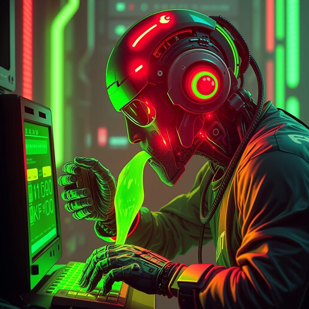 Cyborg Puking Glowing Neon Liquid on Cityscape 2099