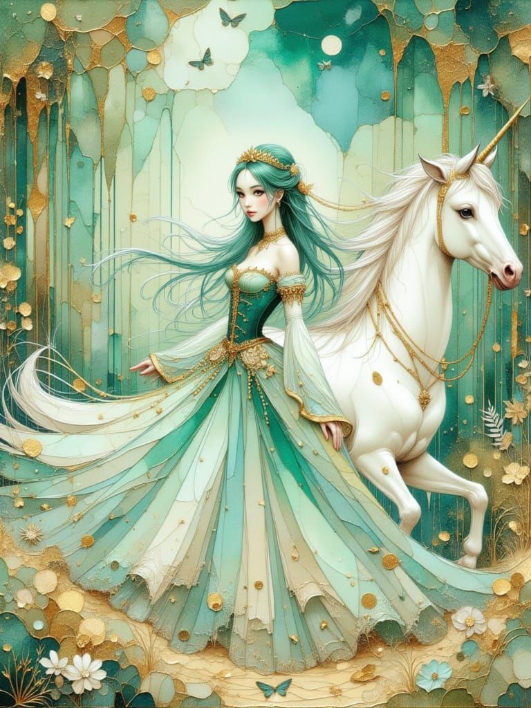 Anime Princess Rides White Unicorn Through Forest