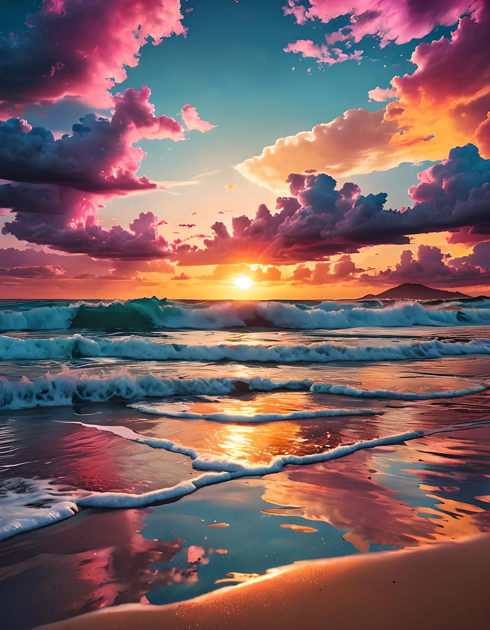 Vaporwave Sunset Beach: Metallic Ink Art