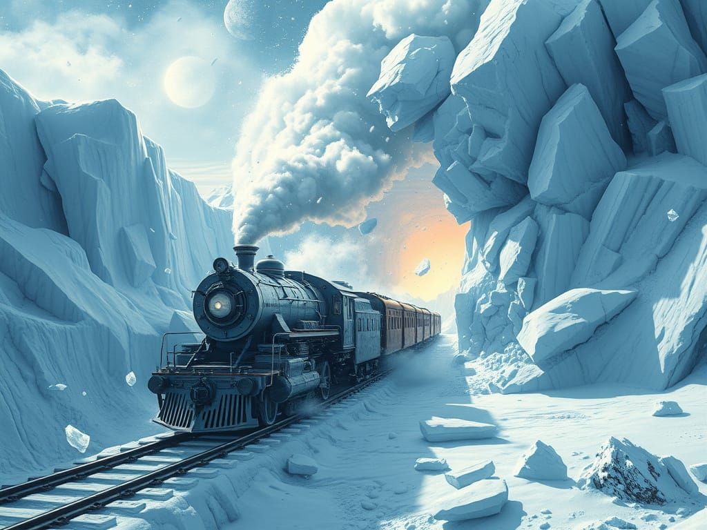Space Train Shatters Ice Wall on Alien Planet