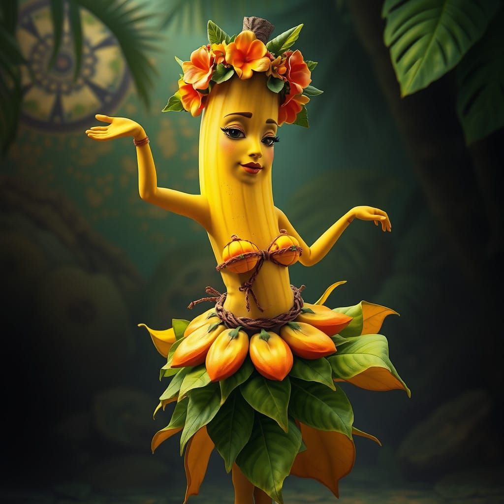 Vibrant Banana Goddess in a Floral Wreath