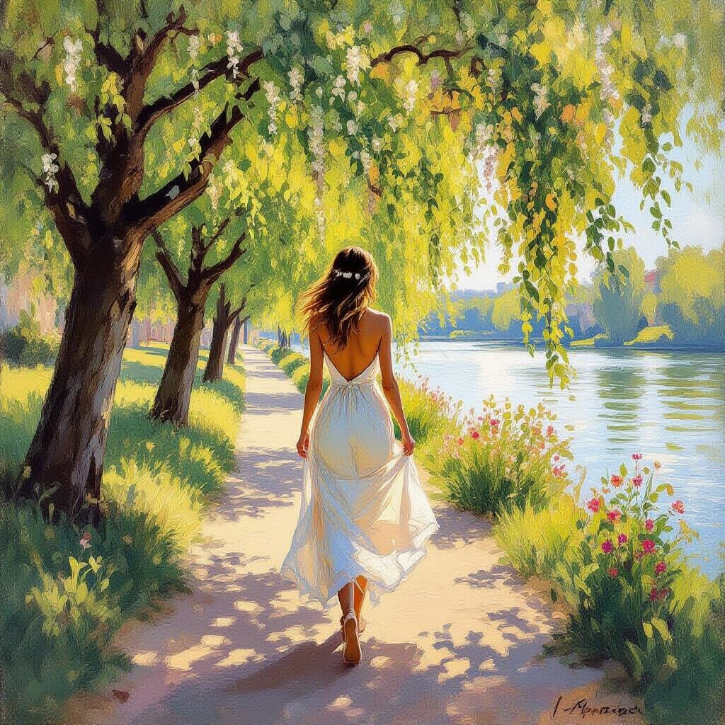 Woman in Summer Dress Under Linden Trees