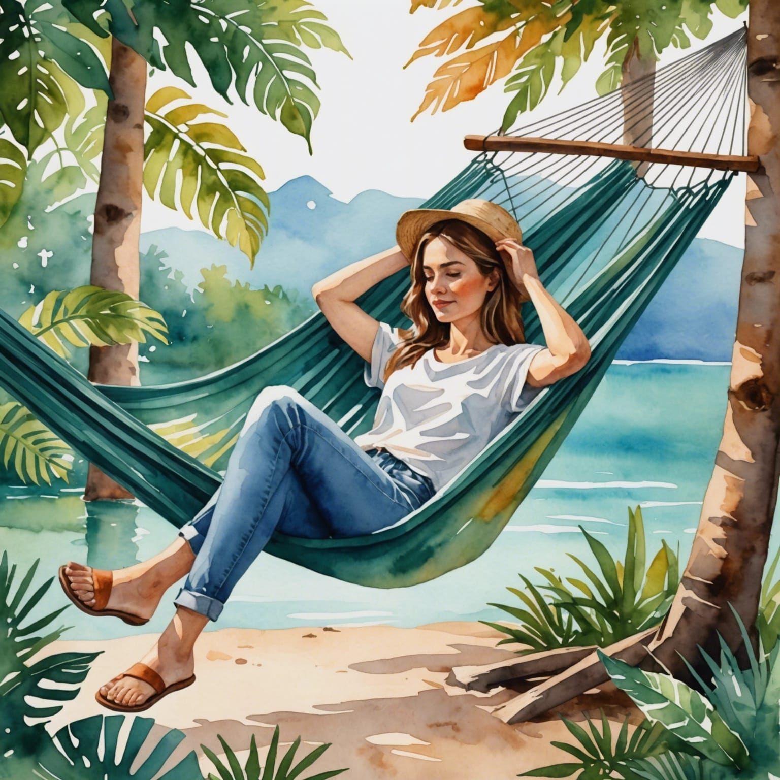 Woman in Hammock in Watercolor Style