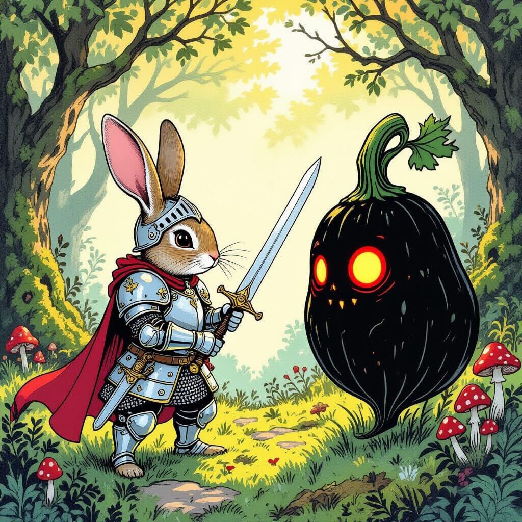 Rabbit Knight Battles Monstrous Turnip in Enchanted Forest