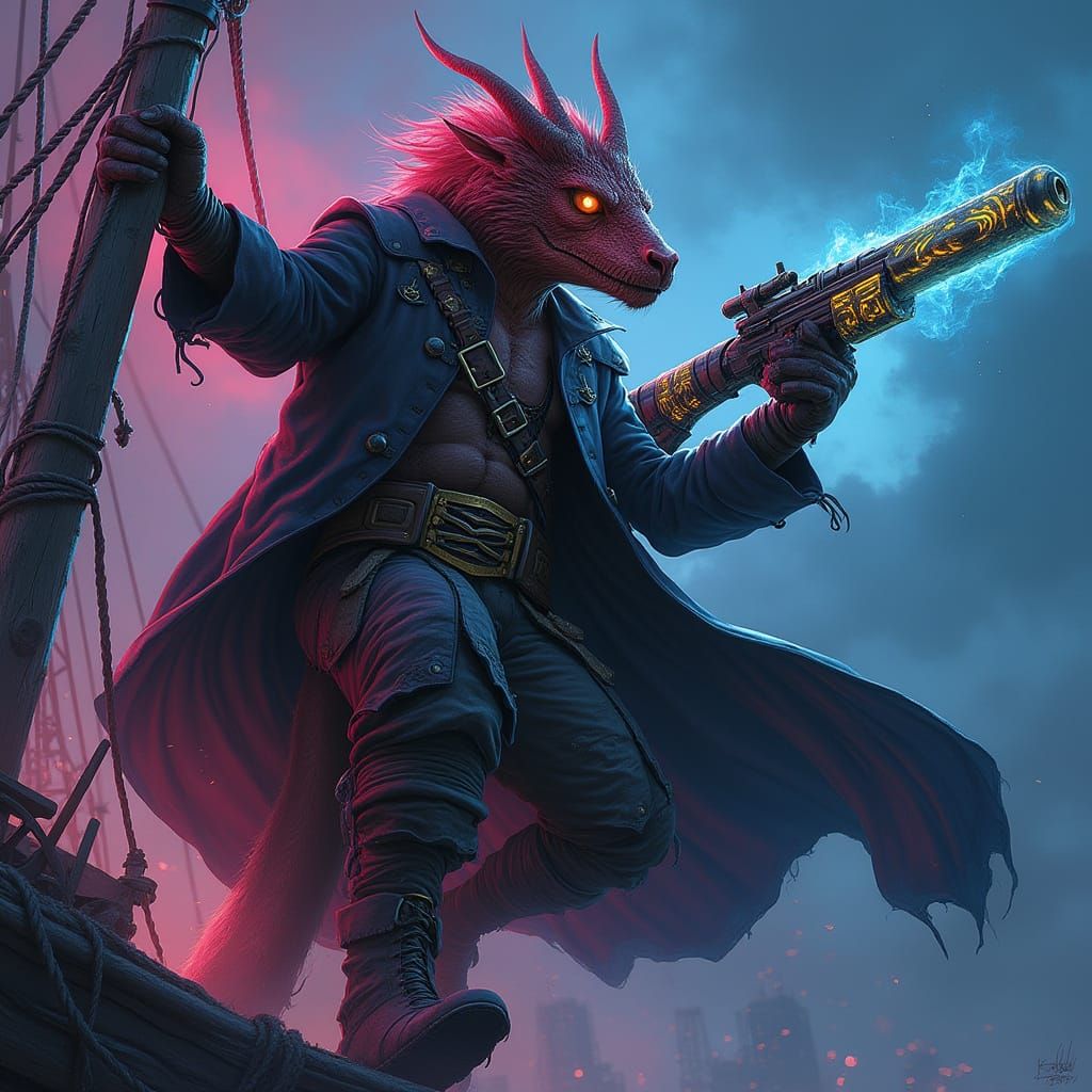 Dragon-Man Pirate Ascends Mystic Ship's Rigging in Neon-Lit ...