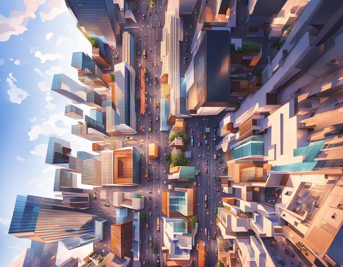 A bird’s eye view of Birmingham city centre Hyperrealistic, splash art, concept art, mid shot, intricately detailed, col...