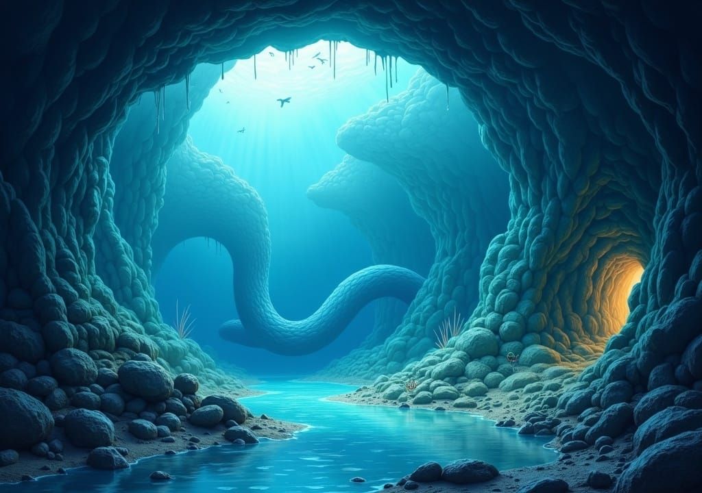 Underwater Cave with Serpentine Sea Monster