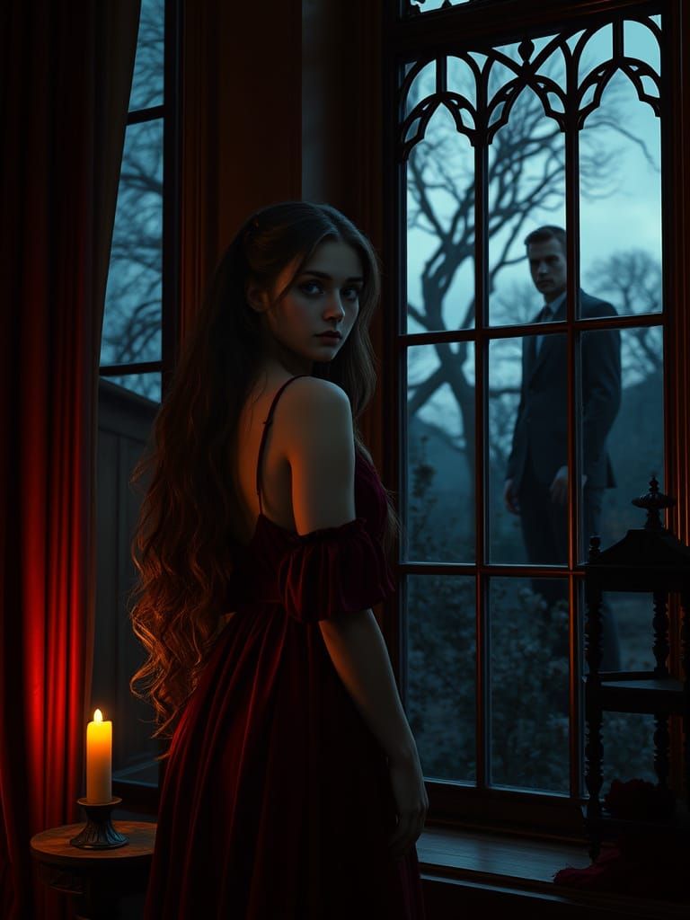 Ethereal Victorian Woman Stands at Window, Watched by a Myst...