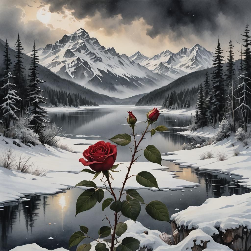 Crimson Rose in Snowy Winter Landscape