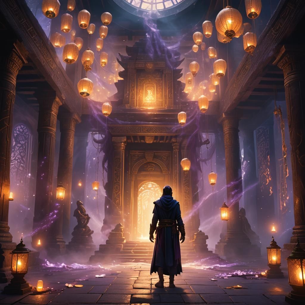 Magical Figure Awakening in Ancient Temple