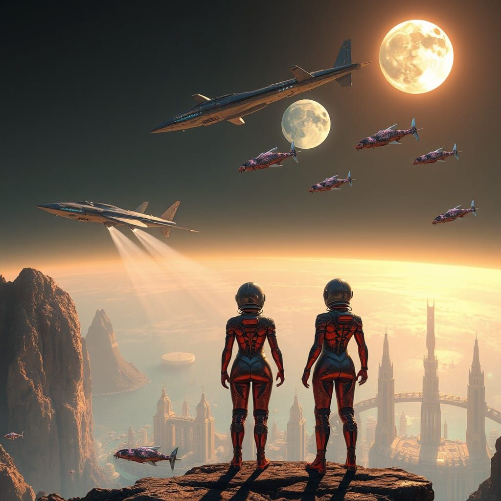 Golden Planetscape with Spaceships, Sea Monsters, and Cyber...