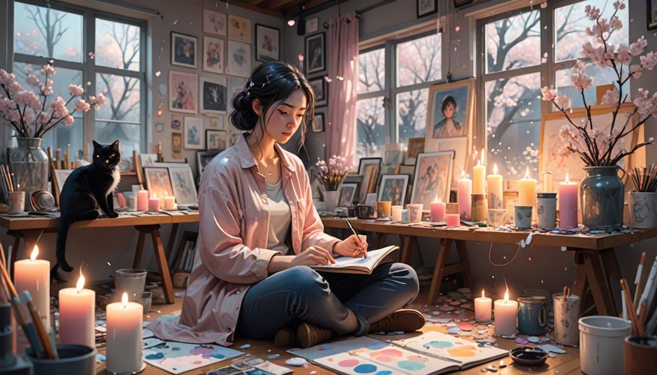 Dreamy Anime Woman in Cozy Art Studio