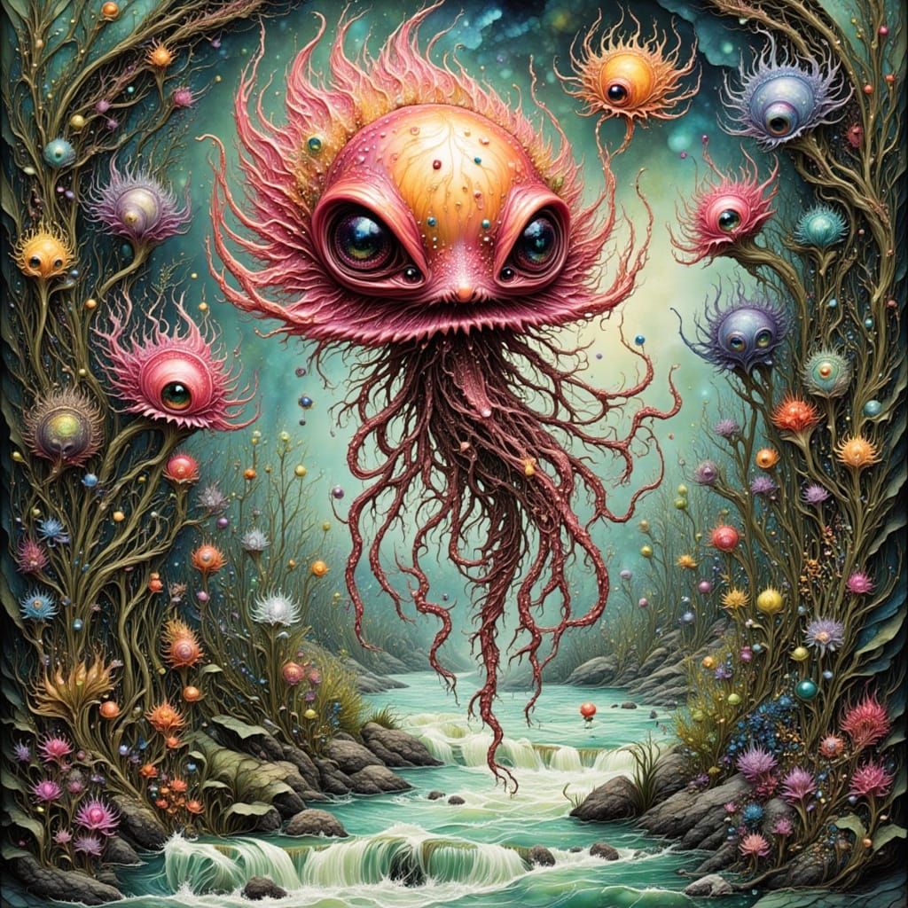 Surreal Blob-Pot Hybrid Monster in Fantasy Landscape