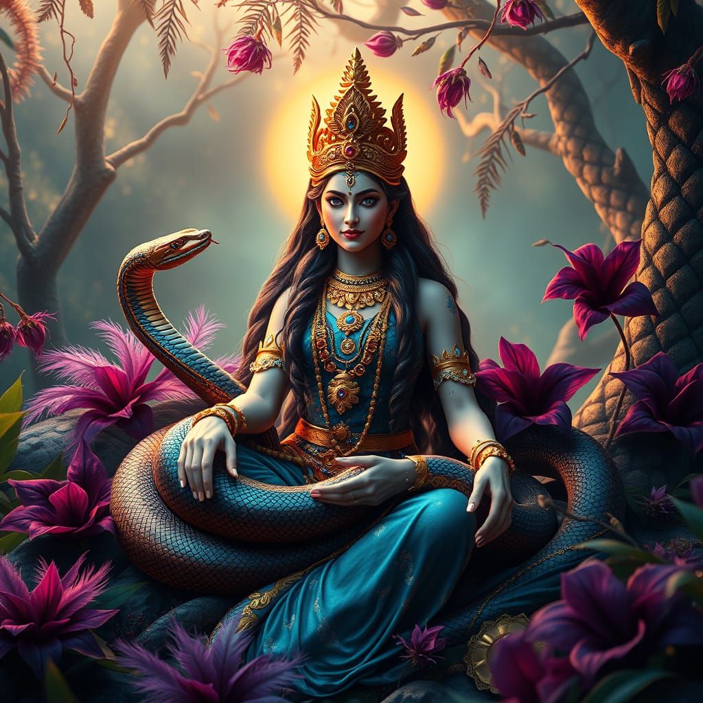 Serenely Seated Goddess Parvati Surrounded by Cobra and Lush...