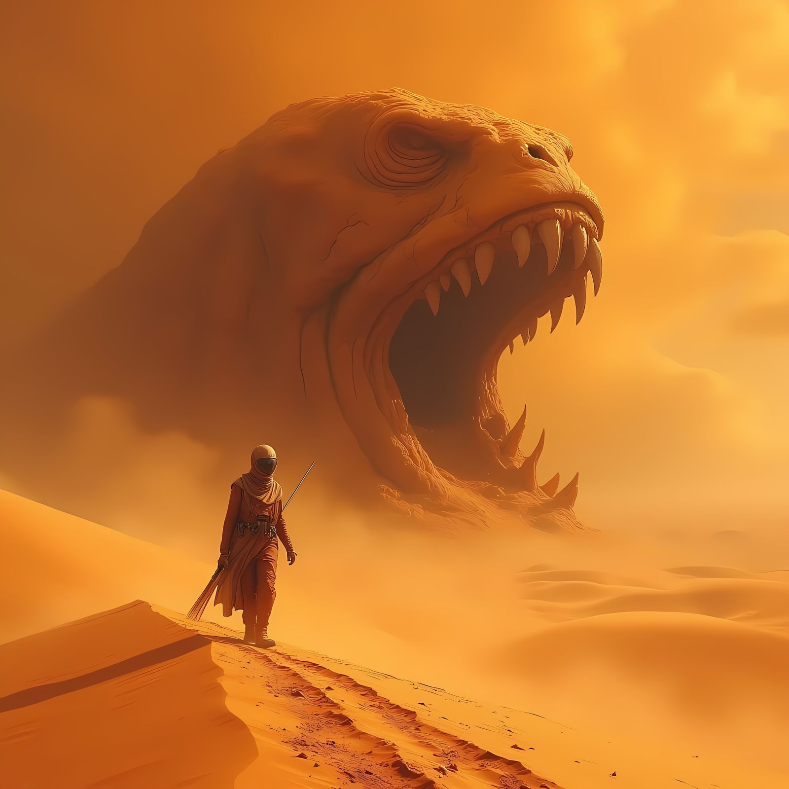 A Fremen Warrior Confronts a Sandworm on the Dunes of Arraki...