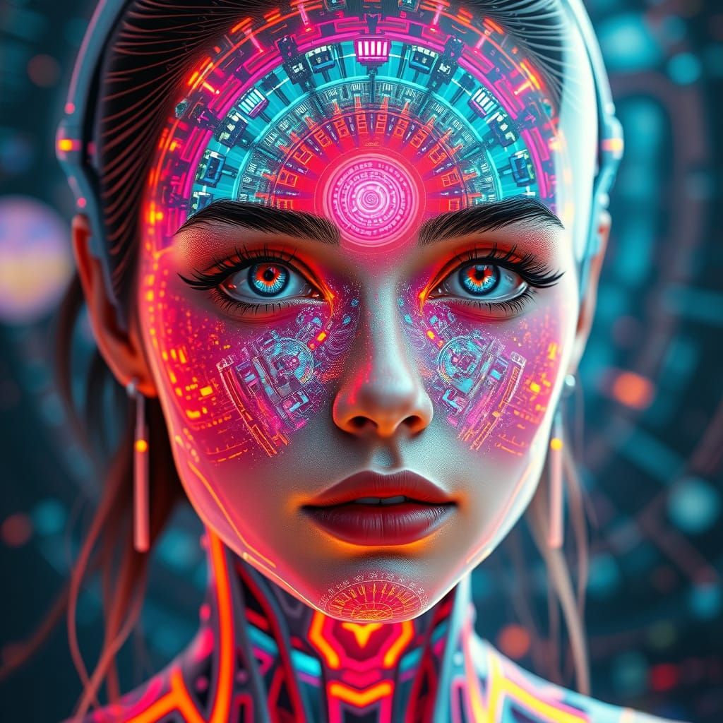 Surreal Futuristic Woman Transformed into a Kaleidoscope Scr...