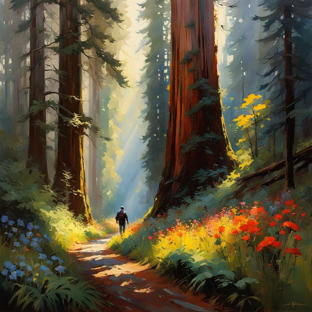 Redwood Forest Path: A Detailed Matte Painting