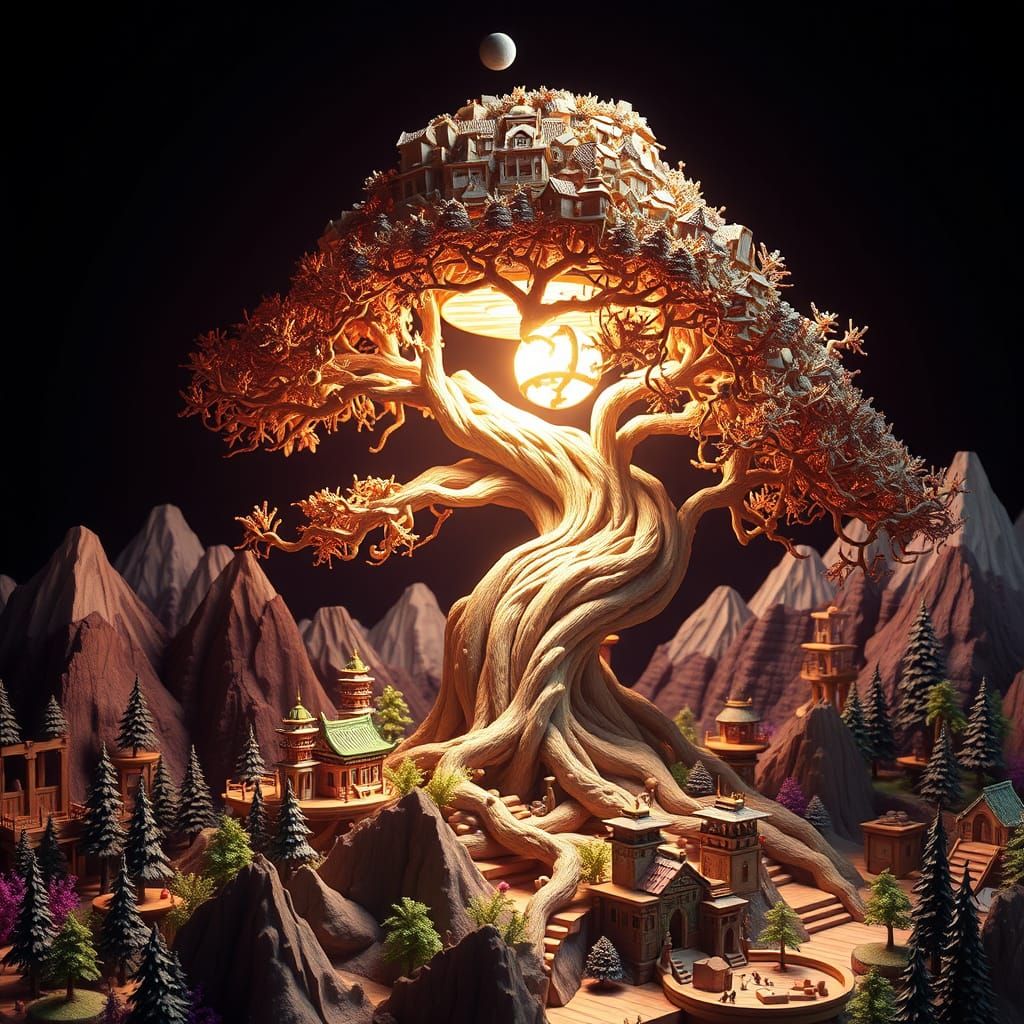 Mystical Bonsai Tree Made of Wood in Dark Fantasy Style
