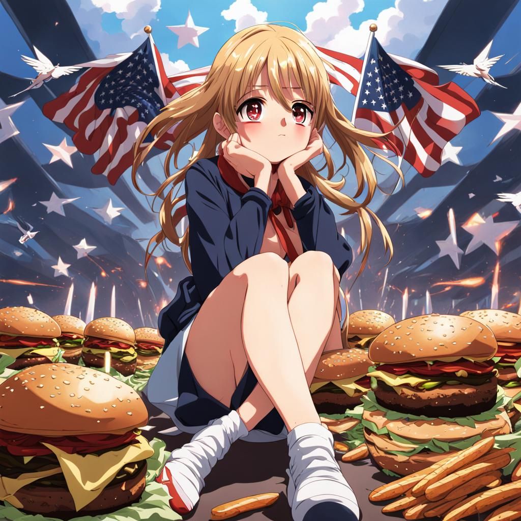 Crying Anime Girl Surrounded by Burgers and Flags