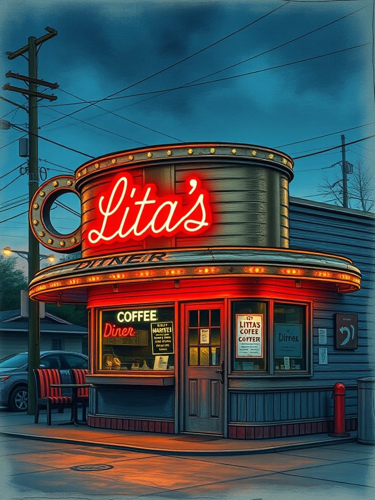 Quaint Diner with Neon Awning in Giger Style