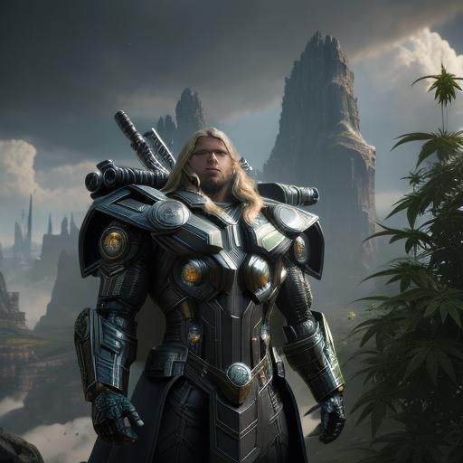 Thor Cultivating Cannabis on Asgard in Sci-Fi Style