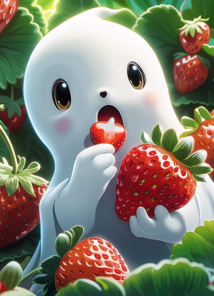 Adorable ghost eating strawberry