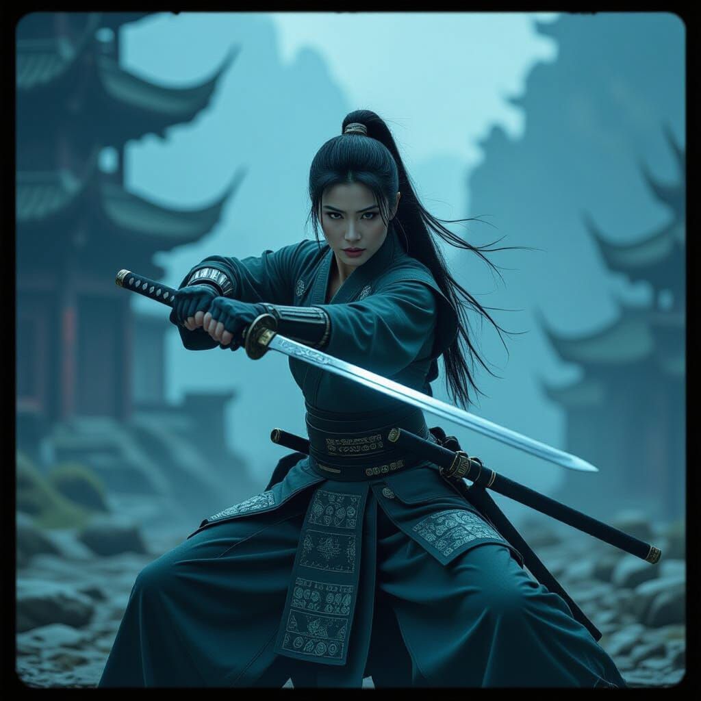 Asian Female Warrior in Mystical Landscape, Cinematic Film