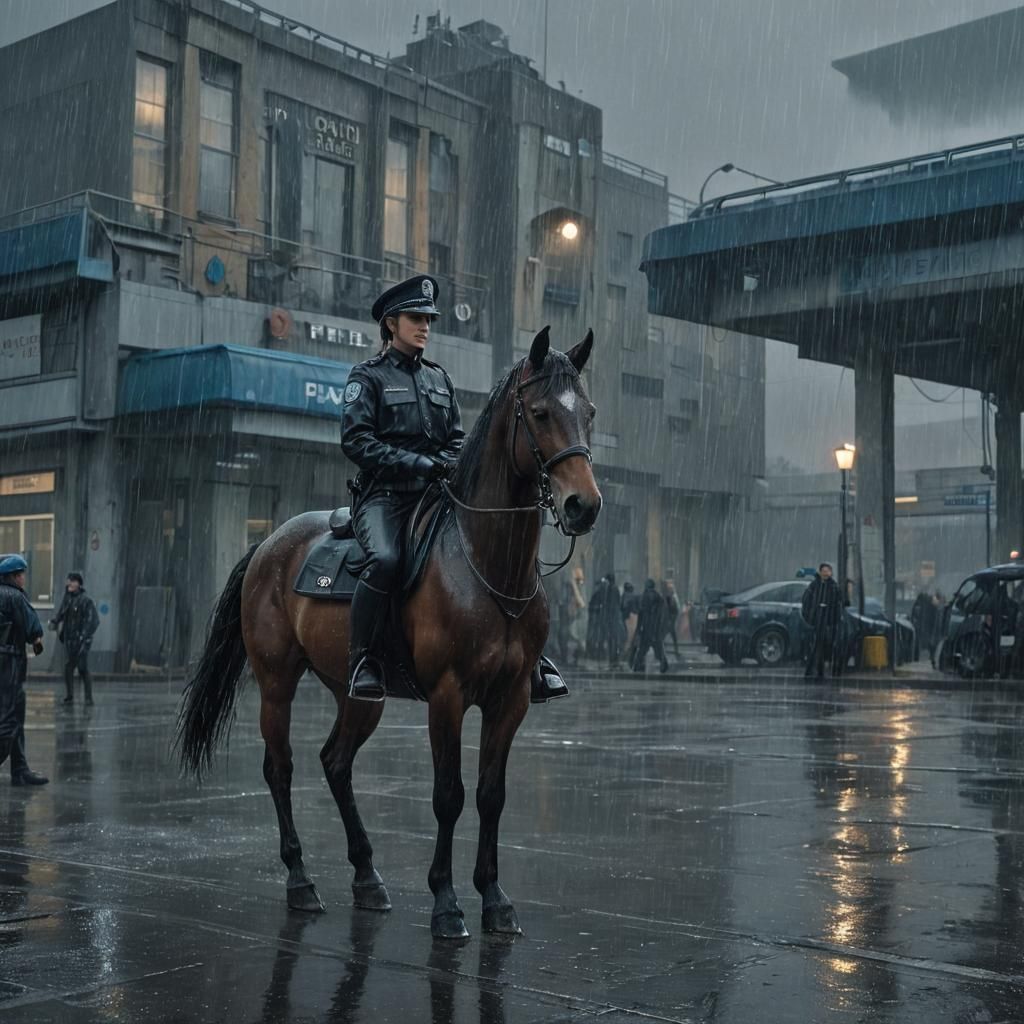 Futuristic Russian Policewoman in Rainy Sci-Fi Scene