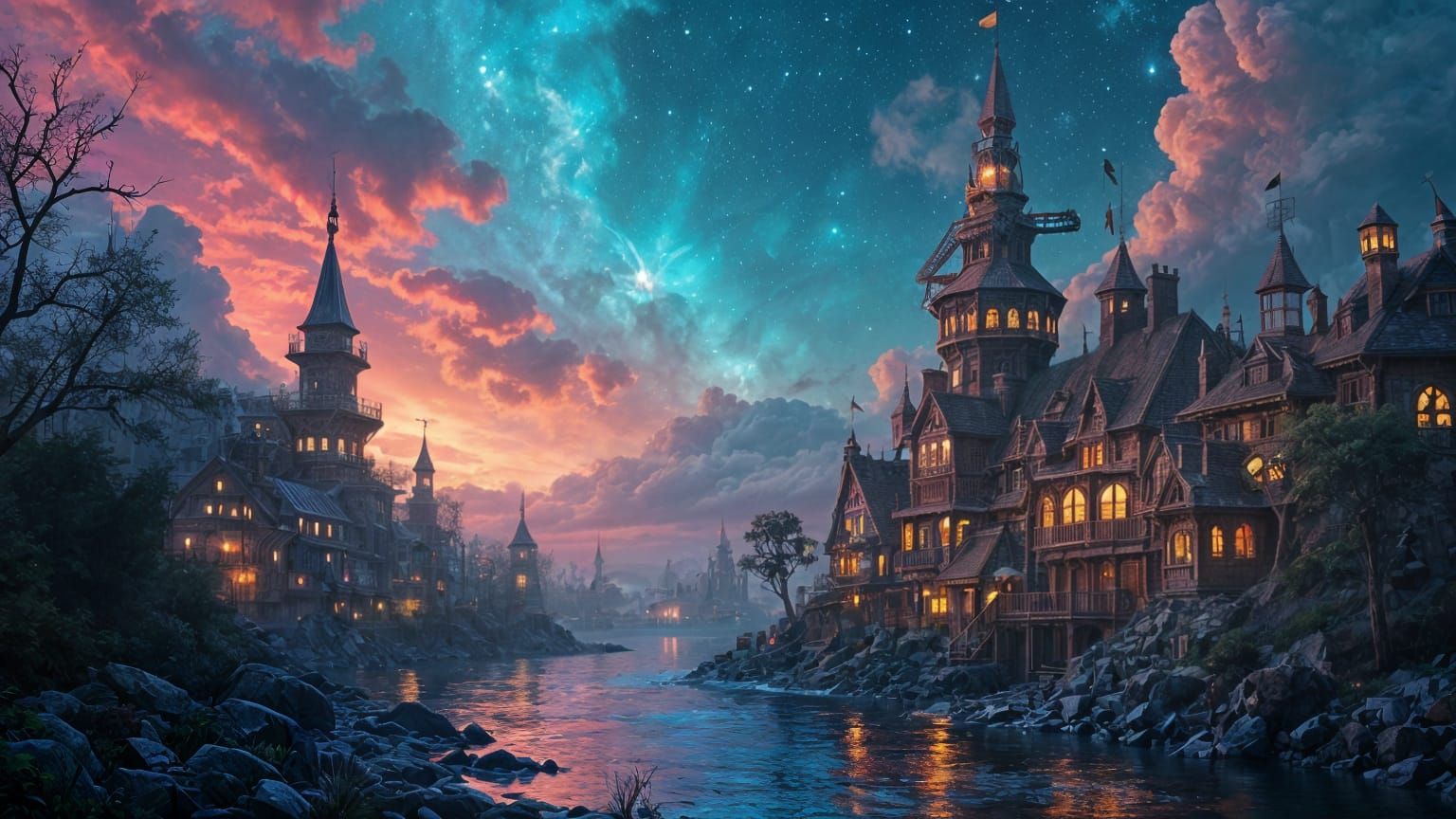 Steampunk Village at Midnight with Tesla Coils