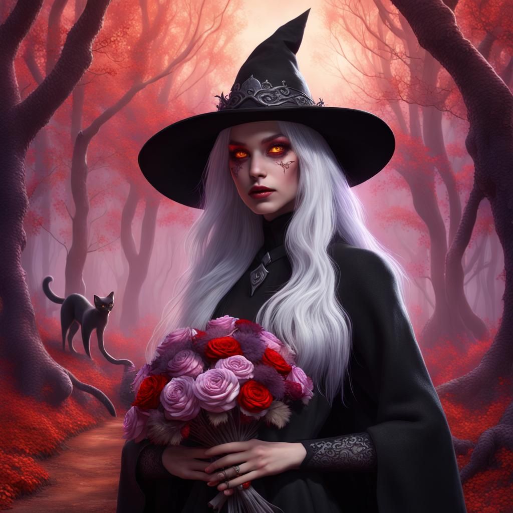 Enchanting Witch With Roses in Mystical Forest