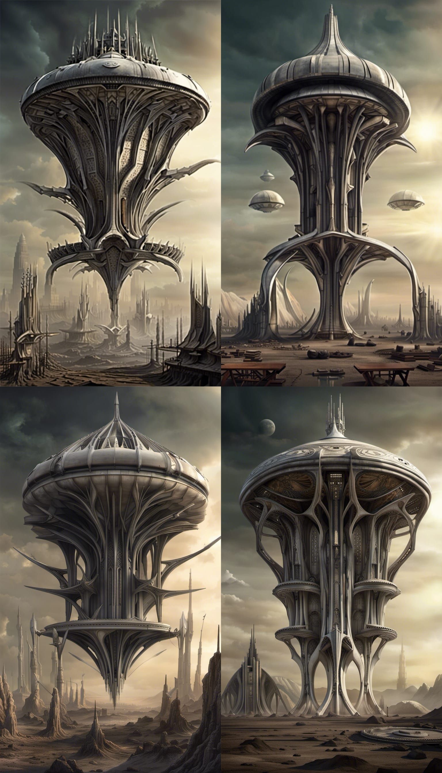 Neo Gothic Architecture with Spaceships in HR Giger Style