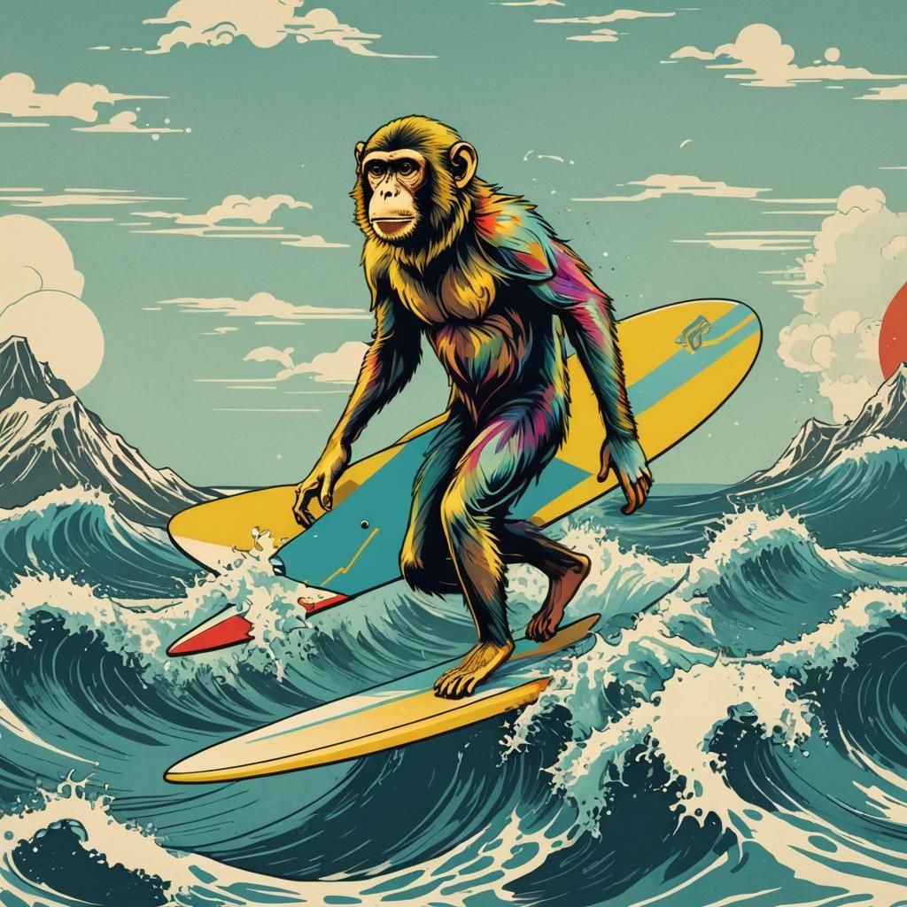 A monkey surfing on a surfboard on the ocean with big waves.