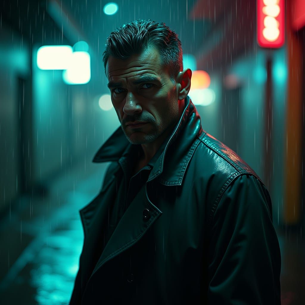 Grizzled Cop in Neon Alleyway, Cyberpunk Digital Art